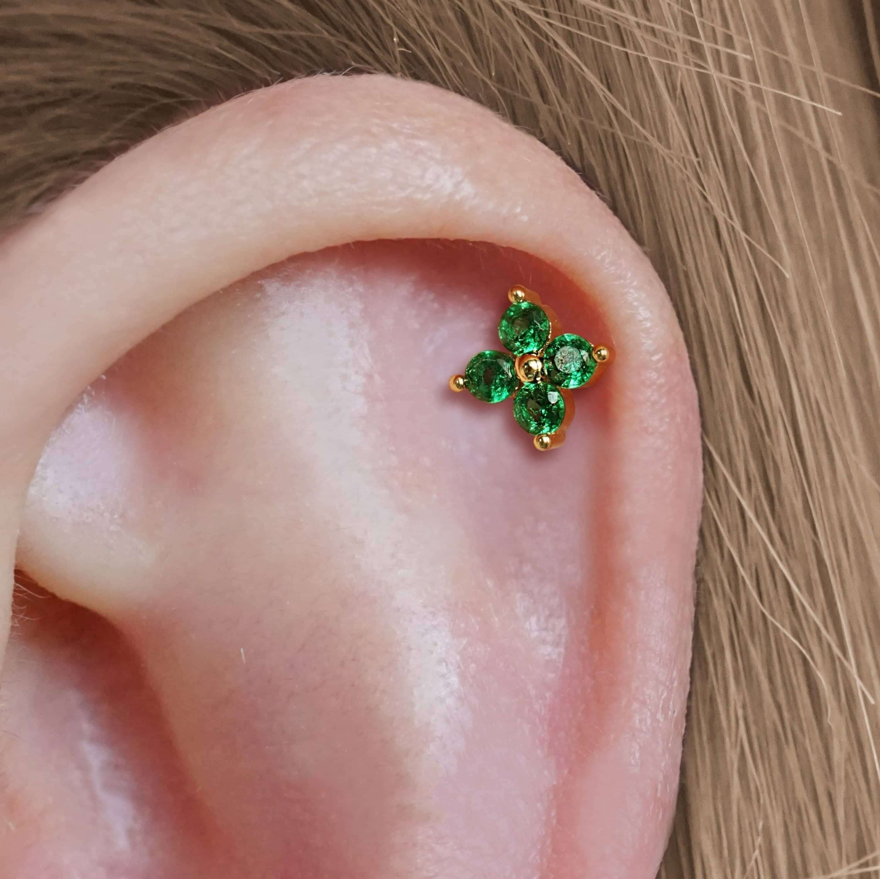 Emerald Green Four Leaf Clover Ball & Flat Back Cartilage Earrings