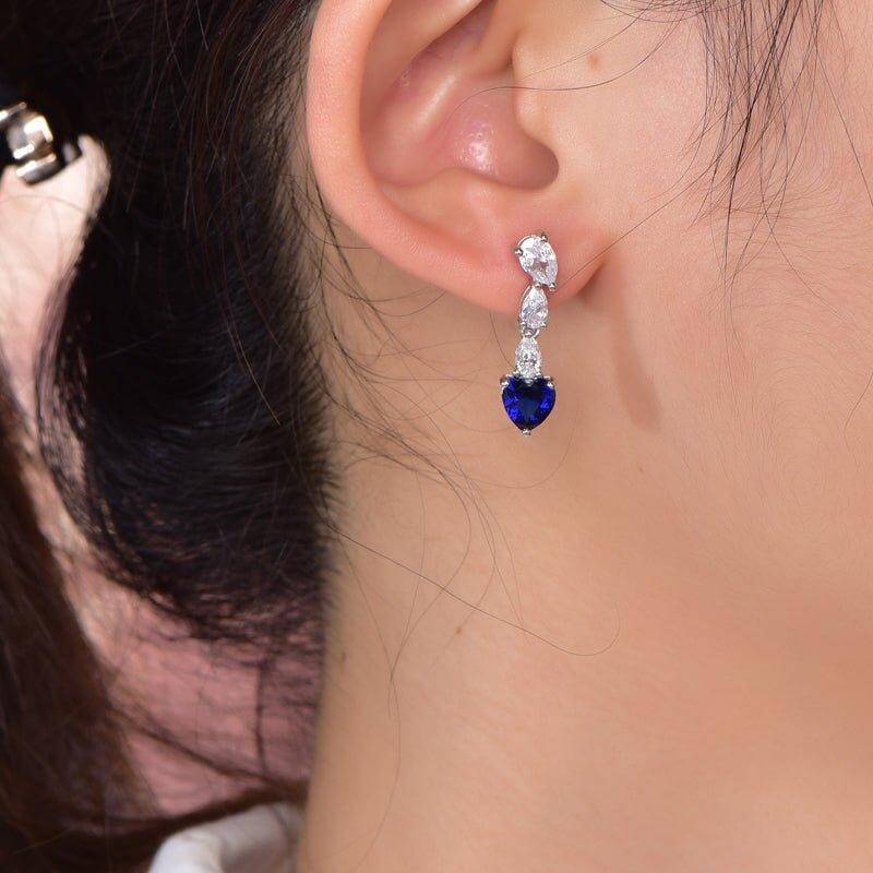 Blue Sapphire Heart Cut Drop Earrings In Sterling Silver - Trendolla Jewelry