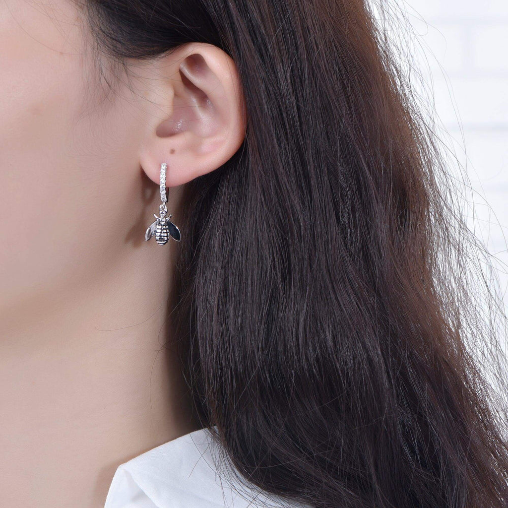 Sterling Silver Huggie Hoop Earrings with Bee Charm - Trendolla Jewelry