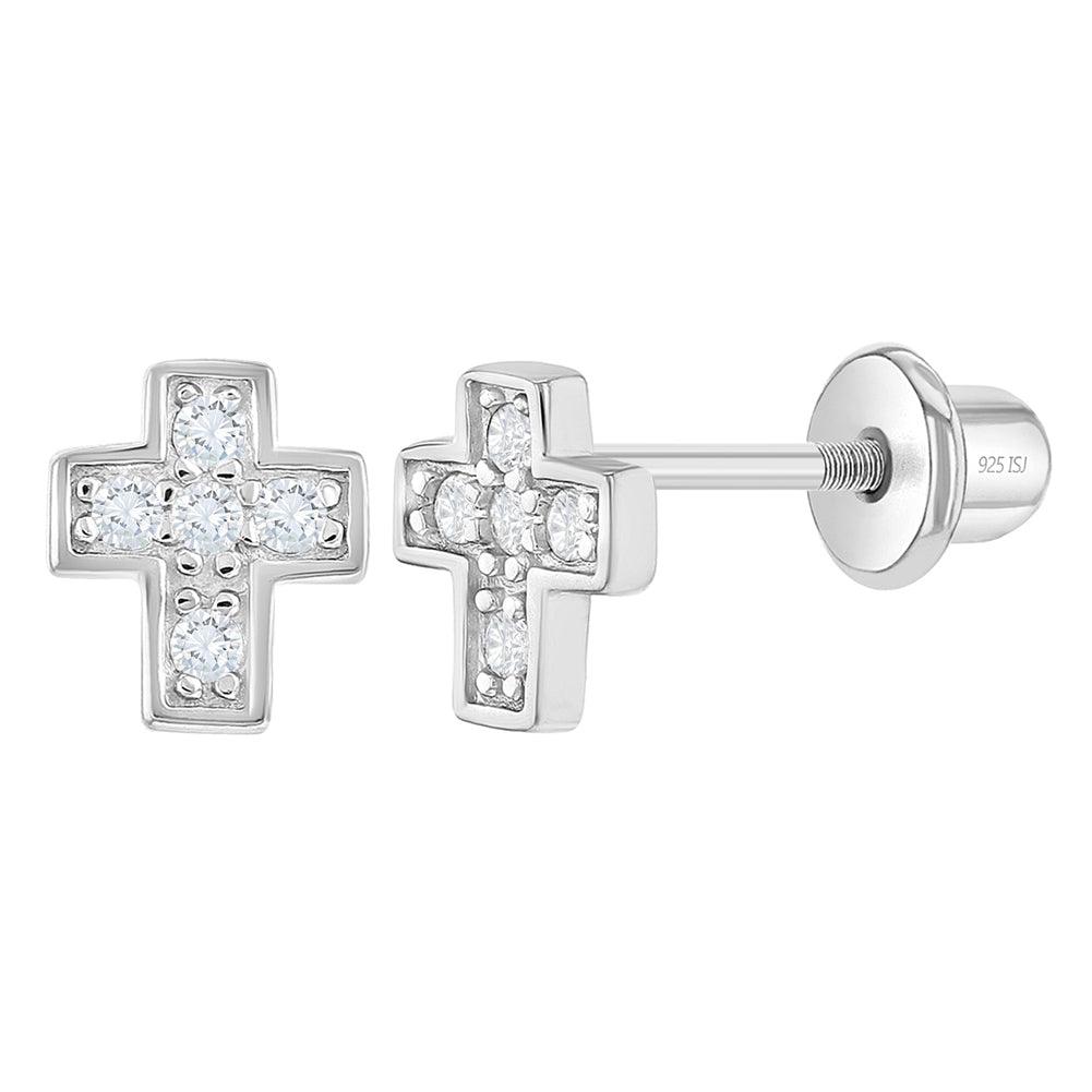 Tiny Classic CZ Cross 6mm Baby / Toddler / Kids Earrings Screw Back - Sterling Silver - Trendolla Jewelry